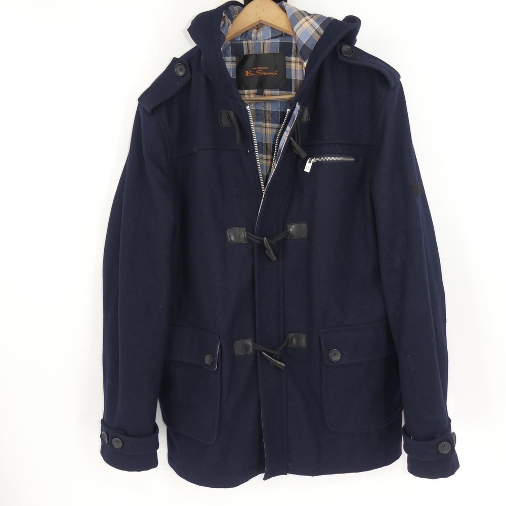 Ben Sherman Wool Parka Coat Mens Large Navy Hooded Duffle Toggle Plaid Lined